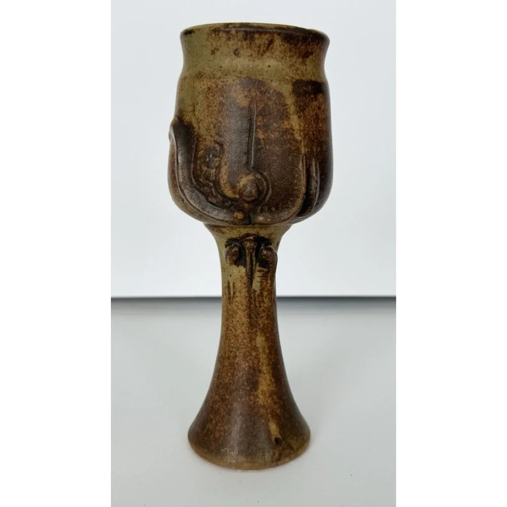 Flat Earth Studio Pottery Goblet Signed DK3 or DKB 1981 Rustic Brown 8.5